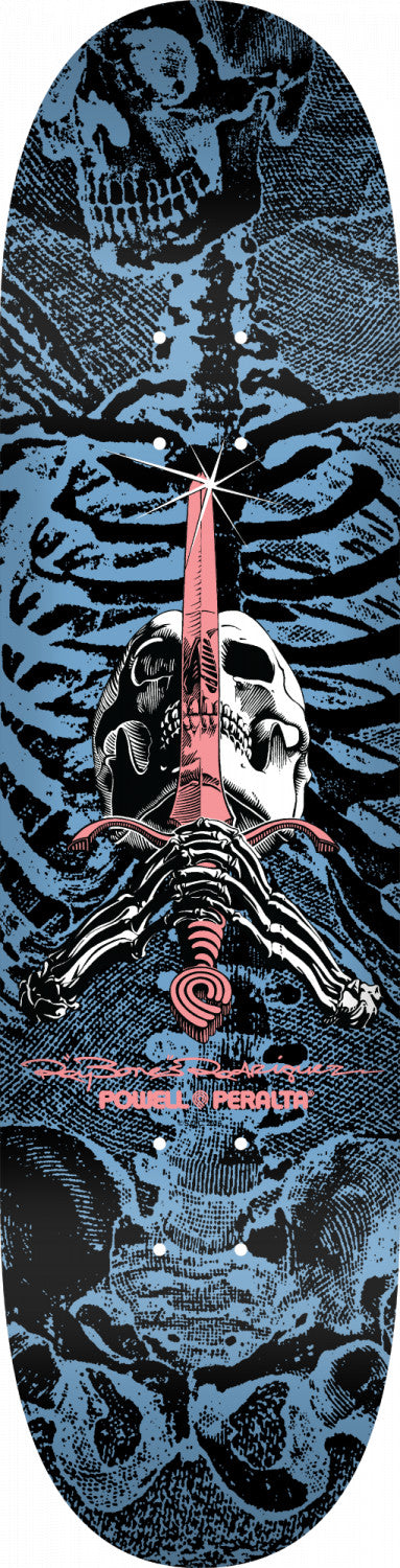 A POWELL PERALTA SKULL AND SWORD BLUE skateboard with a skull and crossbones design.