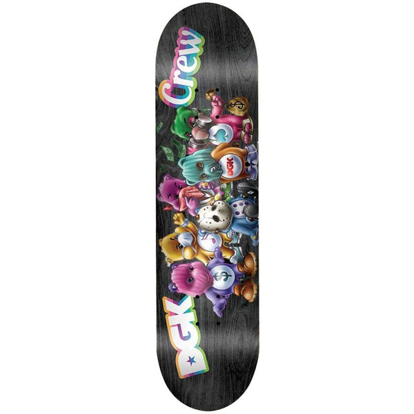 The DGK CREW skateboard deck features cartoon animal designs, including bears, birds, and other creatures, set against a dark background. The words "CREW 8.0" and "DGK" are prominently displayed on the deck.