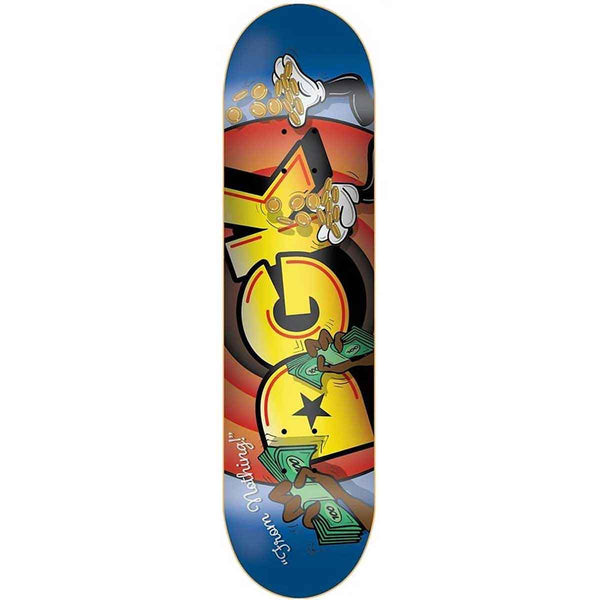 The DGK JACKPOT skateboard deck by DGK showcases a vibrant, stylized graphic design featuring hands tossing coins and cash. The background boasts a blue and red gradient, with "JACKPOT" prominently displayed in large yellow letters.