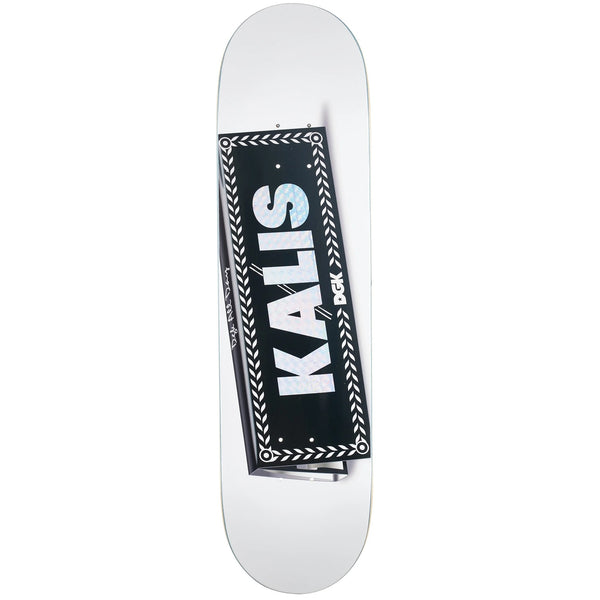 A skateboard deck from DGK, named "DGK KALIS ROLLING PAPERS," features a black rectangle at the center with the text "KALIS" prominently displayed in large white letters. This design is perfect for those who value both style and performance.