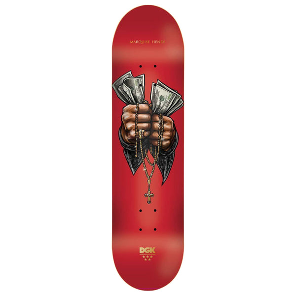 The DGK QUISE MASH UP skateboard deck from DGK features a striking red design with an image of two hands gripping cash and a gold chain with a cross pendant. "Marquise Henry" is prominently displayed at the top, while "DGK QUISE" enhances the bottom, giving it an authentic street feel.