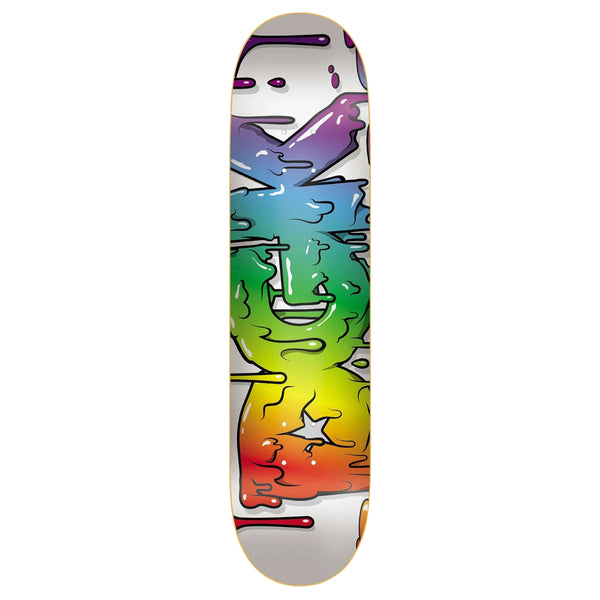 The DGK WET PAINT skateboard deck from DGK showcases vibrant, abstract Wet Paint graffiti-style art with a stunning gradient of purple, blue, green, yellow, and red. This 8.38-inch deck is an ideal choice for adding flair to your setup.