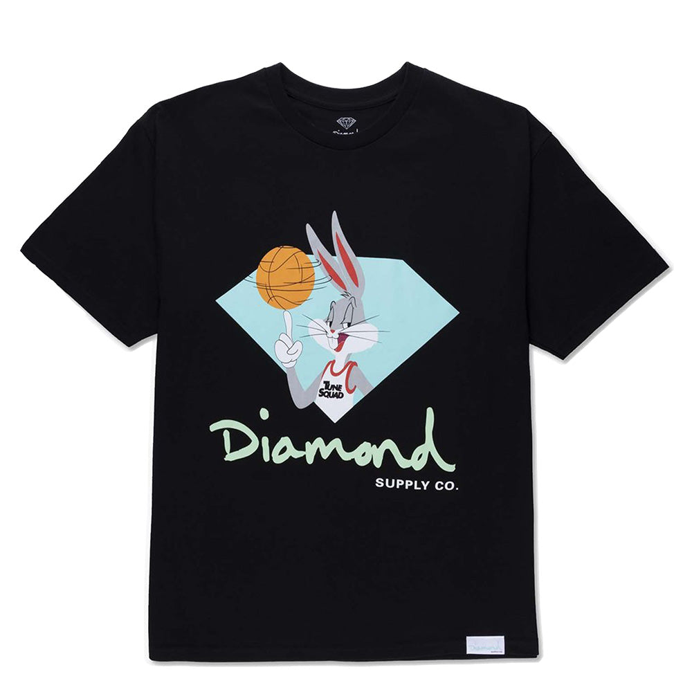 a black shirt with bugs bunny in a diamond holding a basketball
