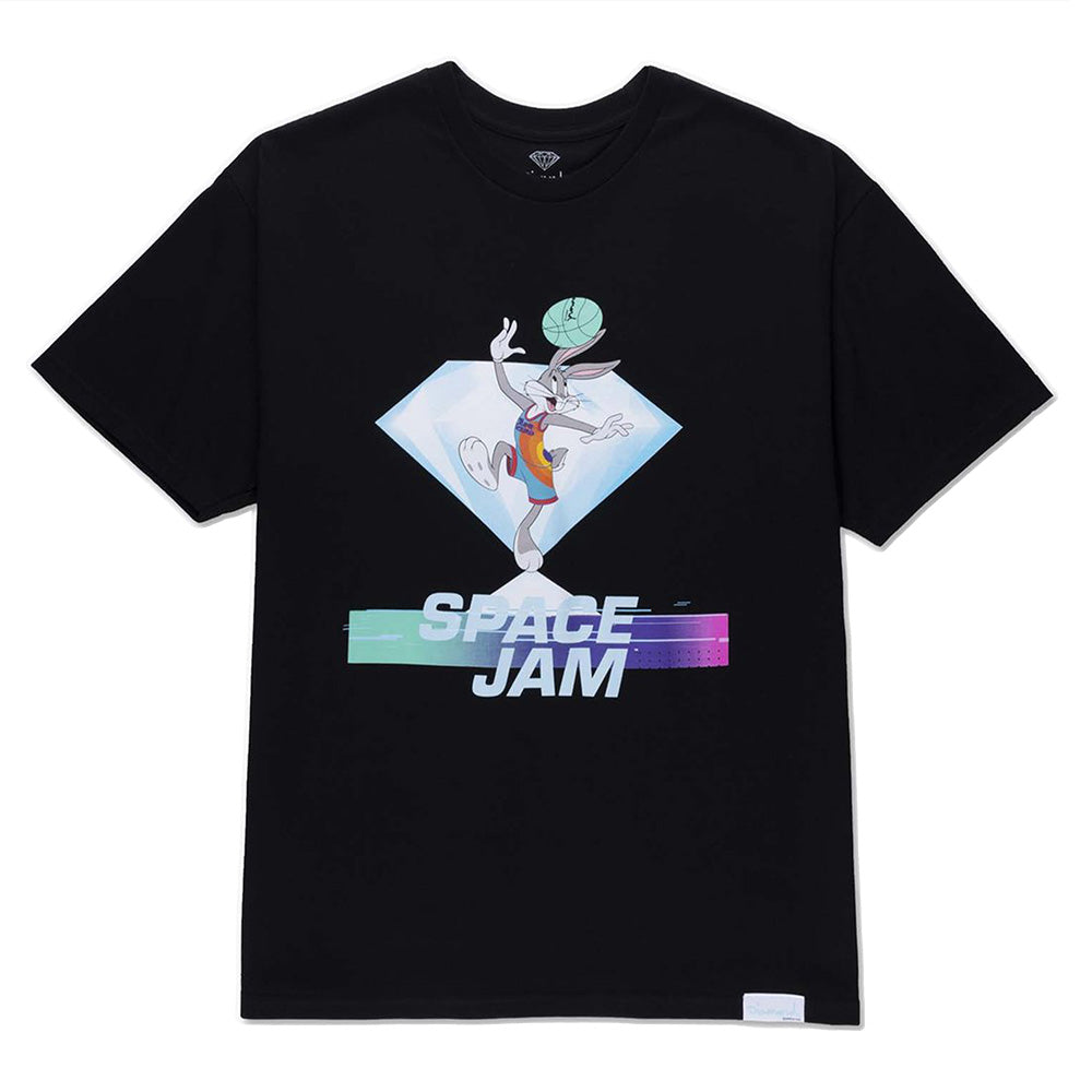 A diamond black t - shirt with Space Jam on it.