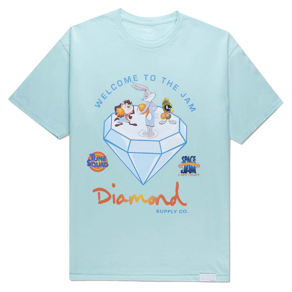 a light blue shirt with the looney toon characters standing on a diamond with basketballs