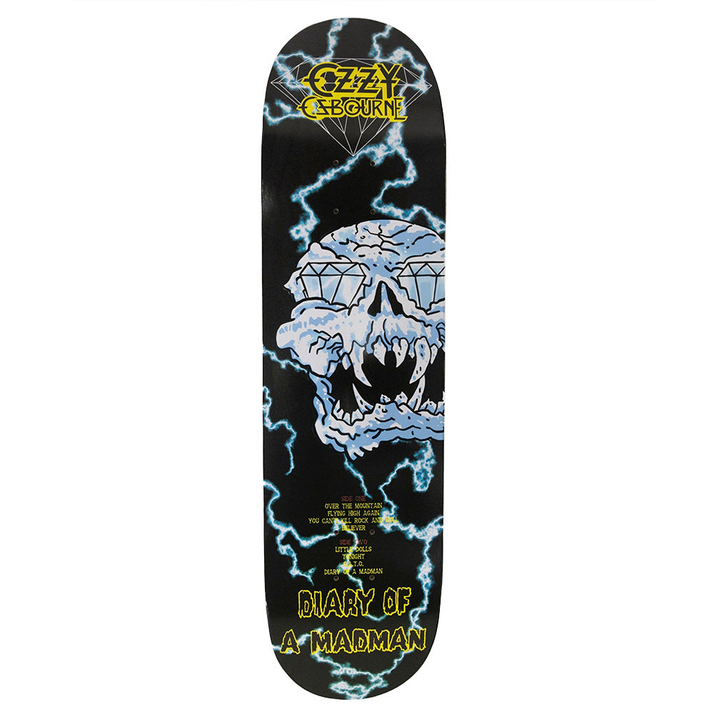 a skateboard deck with a diamond skull Ozzy Ozbourne graphic