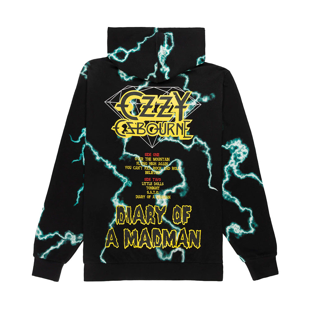 A DIAMOND x OZZY MAD LIGHTNING HOODIE with a lightning print on it.
