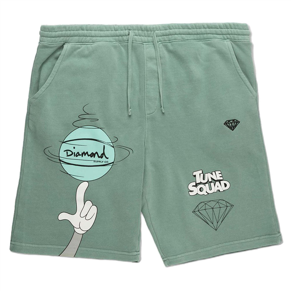 a light teal pair of shorts with a basketball and diamond image