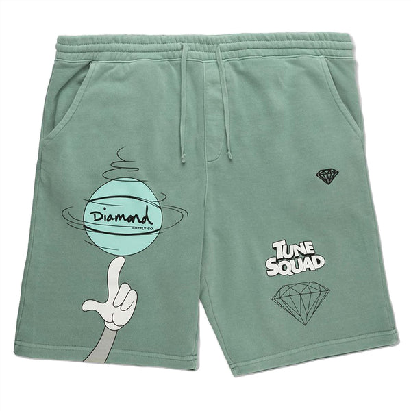 a light teal pair of shorts with a basketball and diamond image