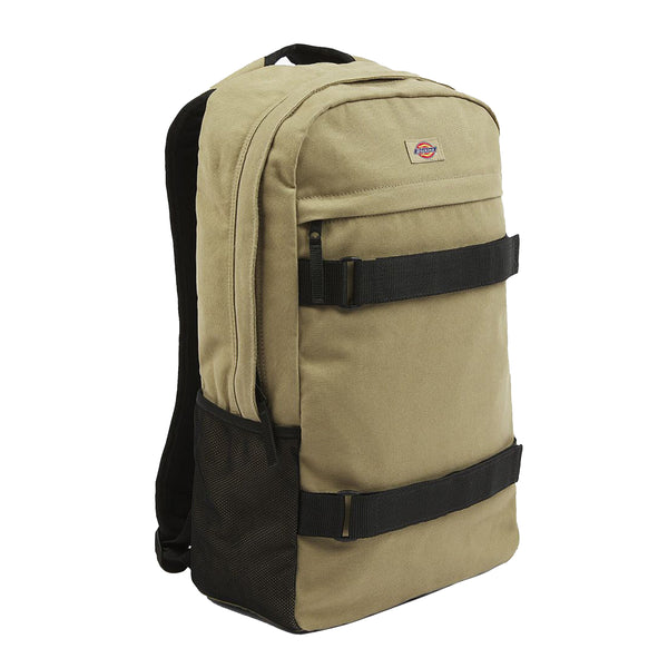 A DICKIES desert sand backpack with black straps on it.