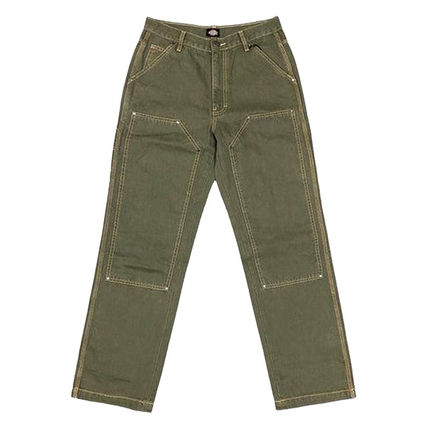 A pair of DICKIES DOUBLE KNEE DUCK CANVAS PANT STONEWASHED GREEN / NUGGET on a white background.
