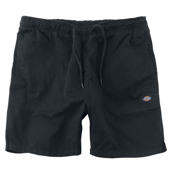 The DICKIES PELICAN RAPIDS SHORT BLACK features a relaxed fit, elasticated waist, front pockets, and a small Dickies logo patch on the left leg.