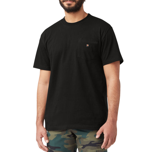 A man wearing a DICKIES SKATEBOARDING HEAVYWEIGHT POCKET TEE KNIT BLACK shirt.