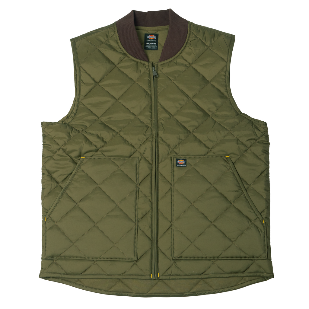 A DICKIES VINCENT ALVAREZ QUILITED VEST MILITARY GREEN with a brown collar.