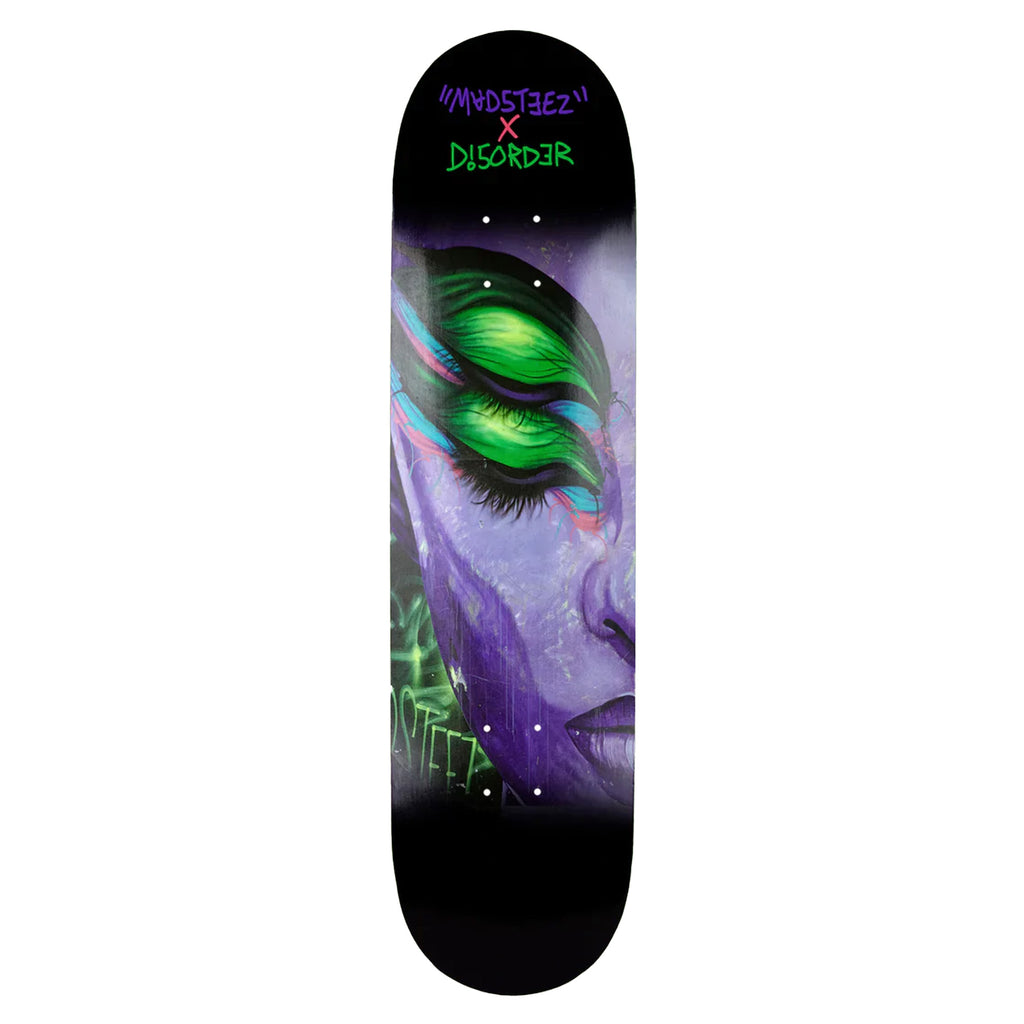A Disorder skateboard with a picture of a woman's face on it.
