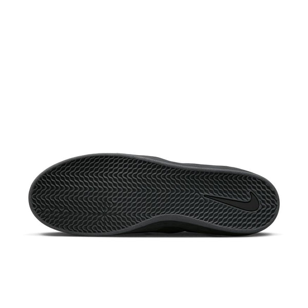 The underside of the NIKE SB ISHOD PRM BLACK/BLACK by Nike displays a textured herringbone-patterned sole ideal for skateboarding, featuring the iconic Nike swoosh.
