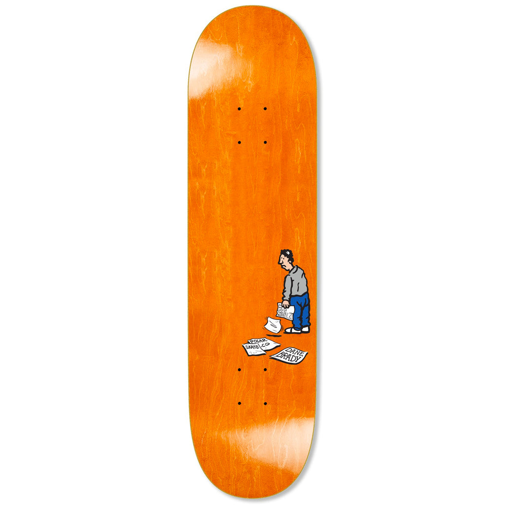 A POLAR skateboard with a drawing of a man on it.
