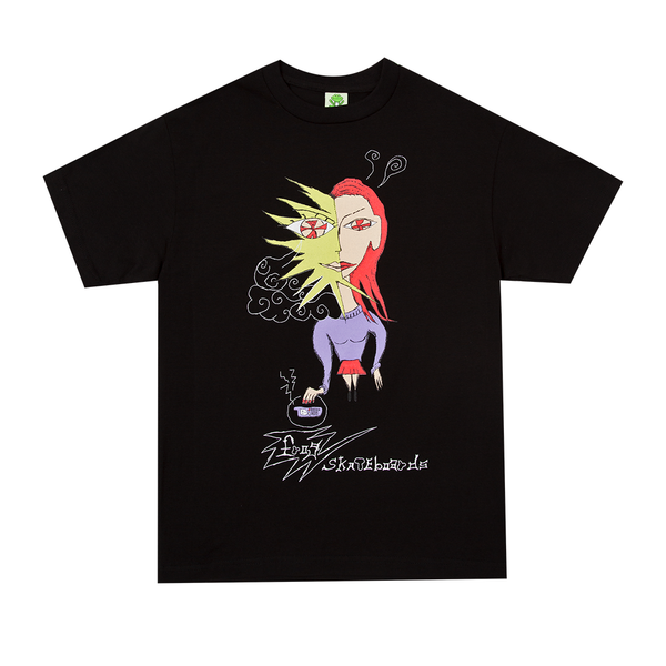 The FROG DISTRACTED TEE BLACK by FROG is a black tee showcasing an abstract, colorful graphic of a stylized person with exaggerated features, holding a drink and a skateboard with the text "Skateboarding." A playful frog in the background adds a whimsical touch.