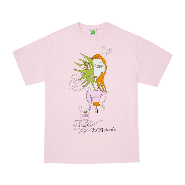 The FROG DISTRACTED TEE PINK by FROG features an artistic design showcasing a person distracted while eating, surrounded by abstract elements, with text in a unique font below the illustration.