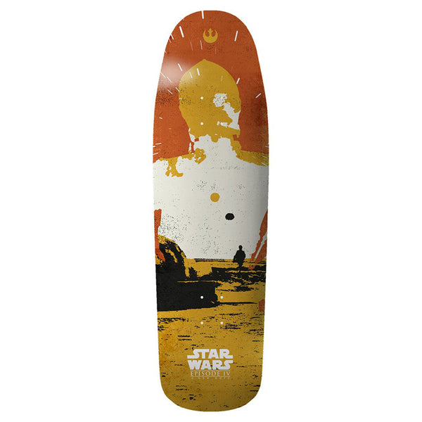 The ELEMENT STARWARS 80'S DROID skateboard deck by ELEMENT showcases abstract Star Wars Episode IV art, with an 80's Droid silhouette and a yellow, orange, and black landscape.
