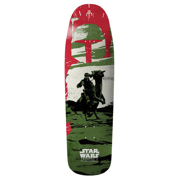 The ELEMENT STARWARS 80'S BOBA by ELEMENT is a 9.25" skateboard deck with a Star Wars design showing Boba Fett’s red and green helmet and a black silhouette of a rider on a creature.