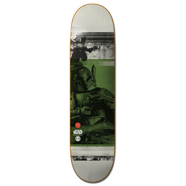 The ELEMENT STARWARS BOBA skateboard deck by ELEMENT features Boba Fett with a green tint, a distressed background, and prominent logos at the bottom.