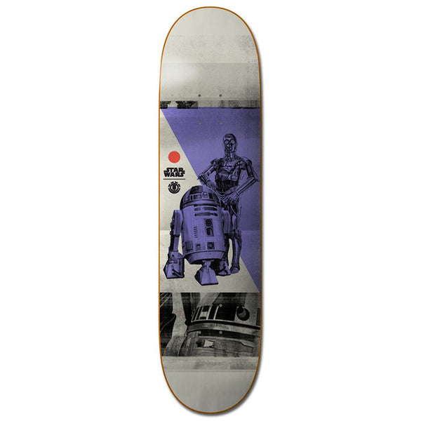 The ELEMENT STARWARS DROIDS skateboard deck by ELEMENT features R2-D2 and C-3PO on a purple and gray geometric background.