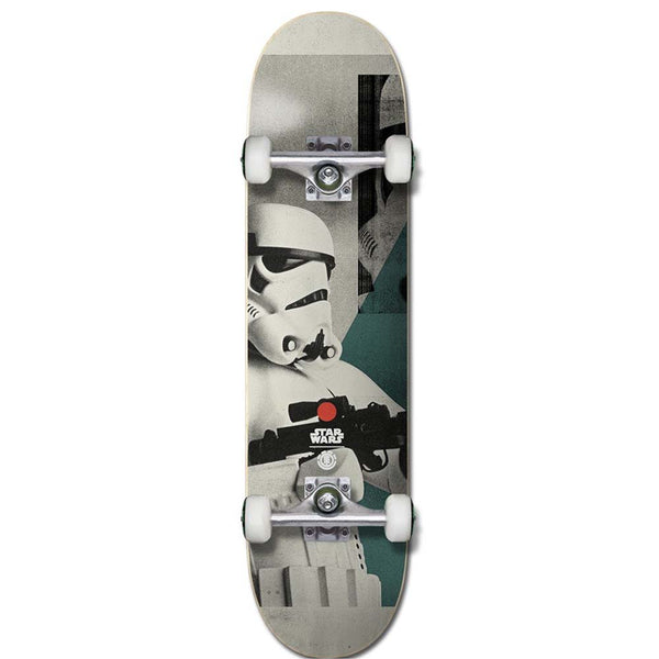 The ELEMENT STARWARS TROOPER COMPLETE skateboard by ELEMENT features a Star Wars stormtrooper with a blaster on the deck and showcases a stylish black and gray design.