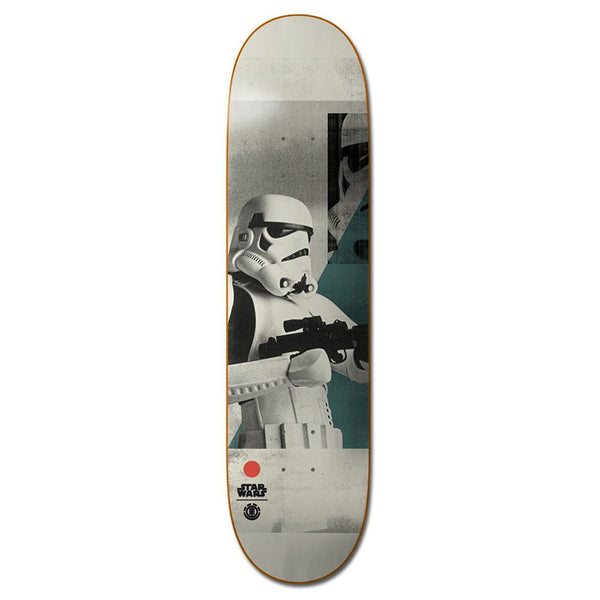 The ELEMENT STARWARS TROOPER skateboard deck by ELEMENT features a striking graphic of a Stormtrooper with a blaster, plus both the Star Wars and ELEMENT logos at the bottom.