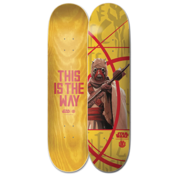 Two yellow ELEMENT Star Wars skateboard decks: one with bold red "THIS IS THE WAY" text, the other is the ELEMENT STARWARS TUSCAN RAIDER deck featuring an illustrated Tusken Raider and striking red Star Wars logo.