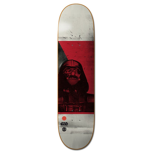 The ELEMENT STARWARS VADER skateboard deck from ELEMENT showcases a bold, stylized Darth Vader graphic on a red and gray background, with both Star Wars and ELEMENT logos featured at the bottom.
