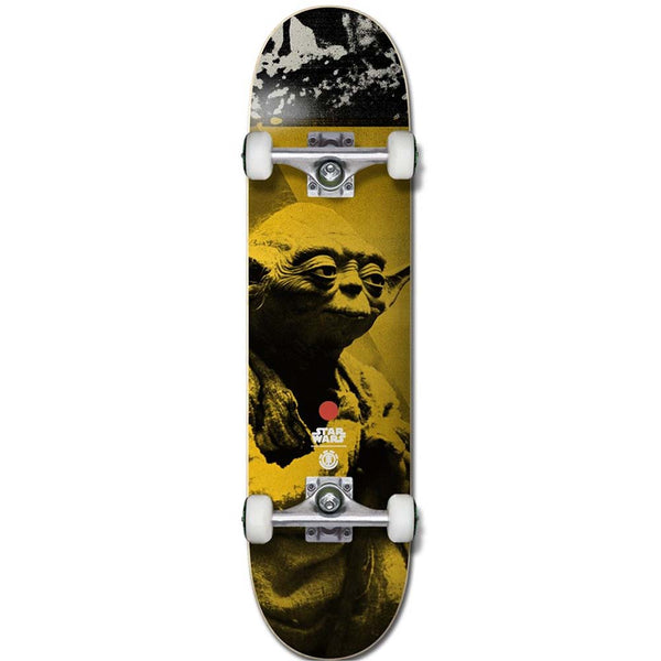 The ELEMENT STARWARS YODA COMPLETE skateboard by ELEMENT features a yellow and black Yoda graphic on the deck, with white wheels and trucks.