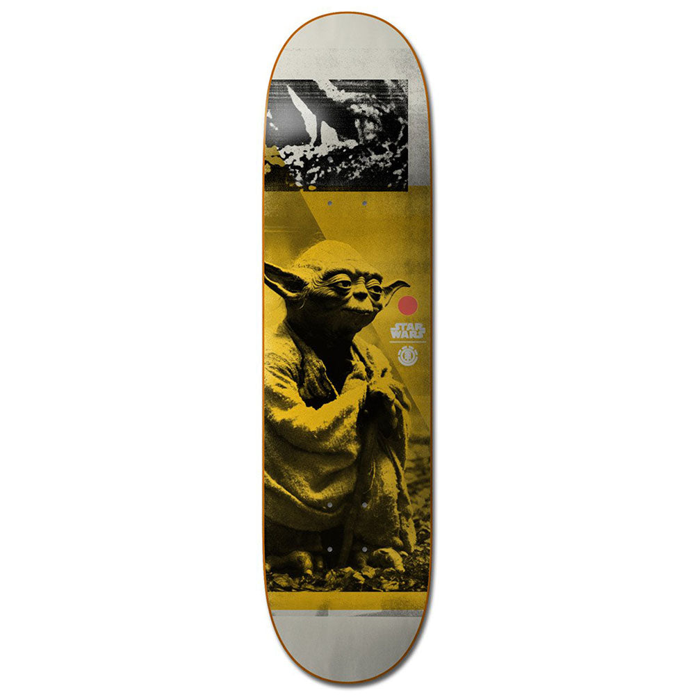 The ELEMENT STARWARS YODA skateboard deck by ELEMENT features a yellow-tinted graphic of Yoda, with bold black-and-white accents and logo details.