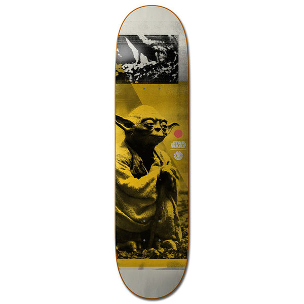 The ELEMENT STARWARS YODA skateboard deck by ELEMENT features a yellow-tinted graphic of Yoda, with bold black-and-white accents and logo details.