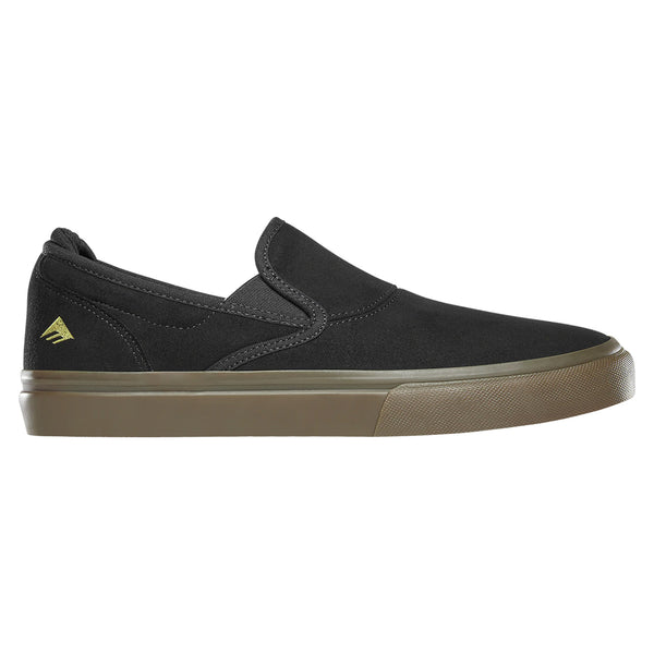 An EMERICA WINO G6 SLIP ON BLACK/BLACK/GUM shoe with a tan sole.
