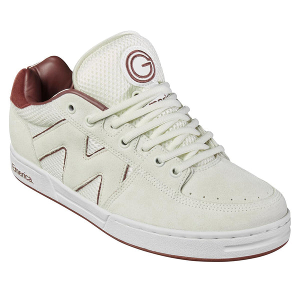 An EMERICA X SKATE SHOP DAY OG-1 WHITE / BURGUNDY sneaker with a brown heel.