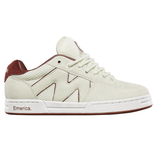 A white and brown EMERICA shoe with a red sole.