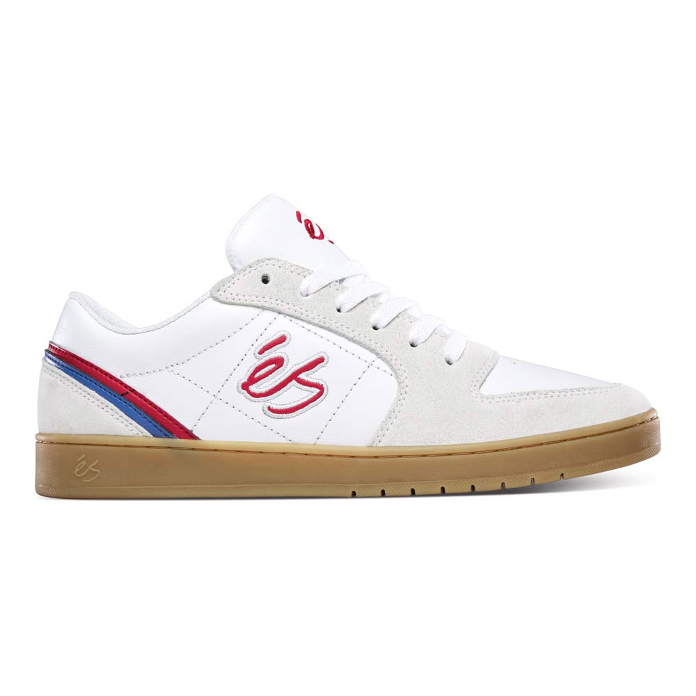 A white and blue skate shoe with a red and blue stripe, perfect for those looking for ES EOS JKWON WHITE / GUM styles.