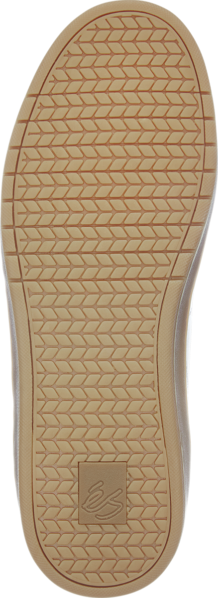 A close up of the sole of an ES EOS JKWON WHITE / GUM shoe with a gum sole.