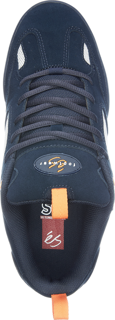The back of an ES QUATTRO NAVY / GREY shoe with orange accents.