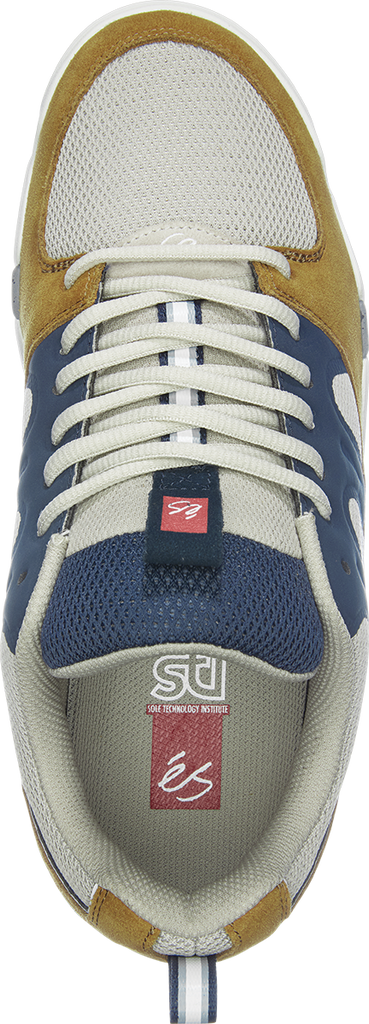 A pair of ES sneakers with blue and yellow stripes in a ES SILO BROWN / TAN / BLUE colorway.