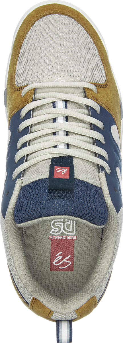 A pair of ES sneakers with blue and yellow stripes in a ES SILO BROWN / TAN / BLUE colorway.