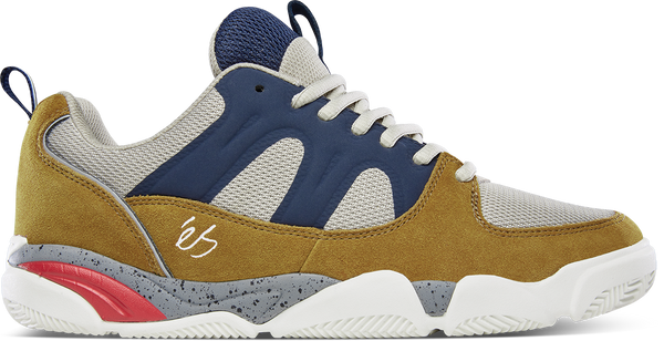 A pair of ES SILO BROWN / TAN / BLUE sneakers.