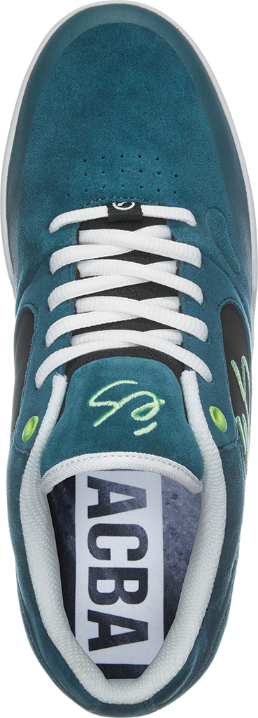 An ES Swift skate shoe in black with the word ACBA on it. (Replace with) An ES SWIFT 1.5 MACBA TEAL / BLACK skate shoe with the word ACBA on it.