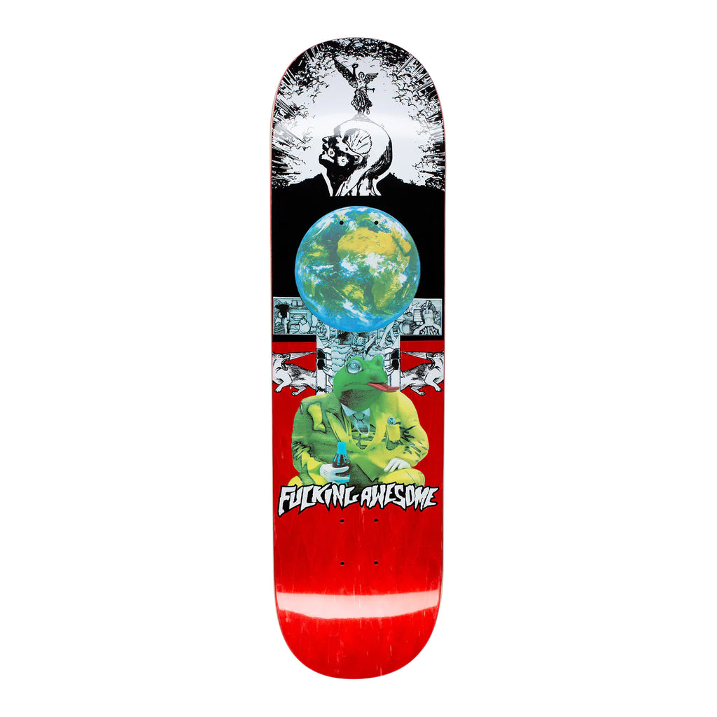 A skateboard with a frog in a suit and the world. 