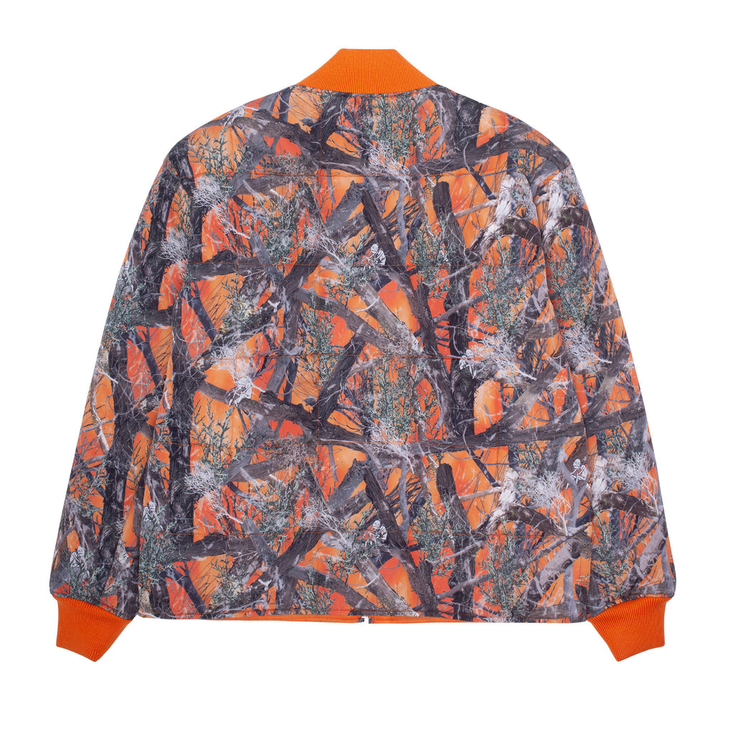 the back of a orange and camo jacket