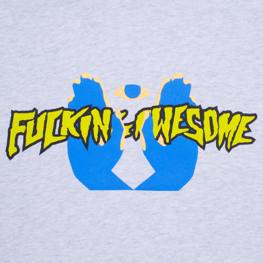 a heather grey hoodie with a blue and yellow FUCKING AWESOME logo.
