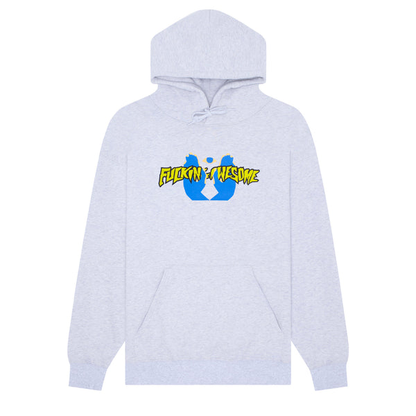 A FUCKING AWESOME HIGH GROUND HOODIE HEATHER GREY with a yellow and blue logo.