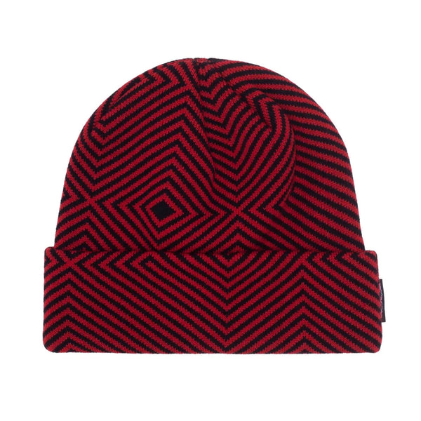 A Fucking Awesome Hurt Your Eyes beanie hat in red and black stripes.