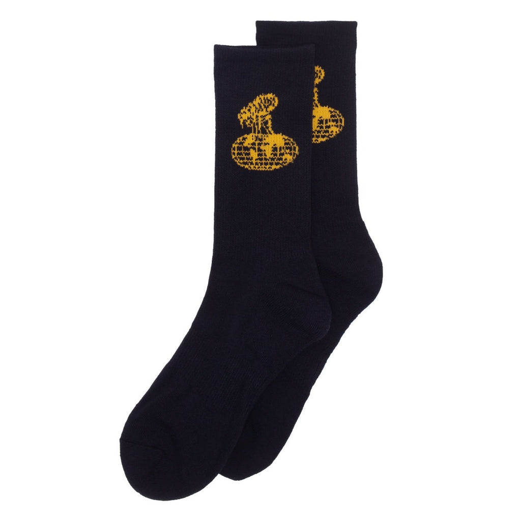 The FUCKING AWESOME FLEA SOCK BLACK / GOLD by FUCKING AWESOME features black cotton with gold-yellow graphics of a figure atop a grid, offering standout style.